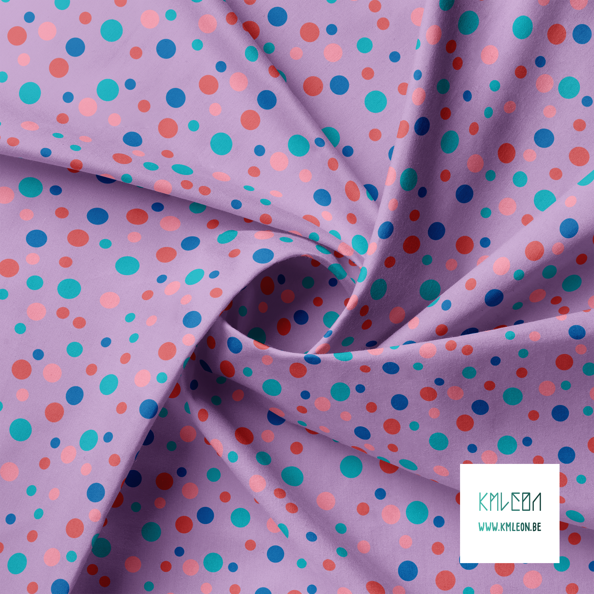 Random pink, red, blue and teal polka dots fabric