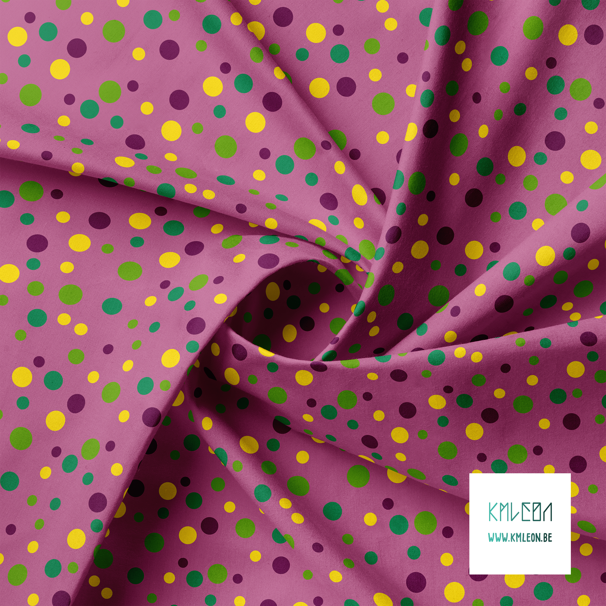 Random purple, green and yellow polka dots fabric