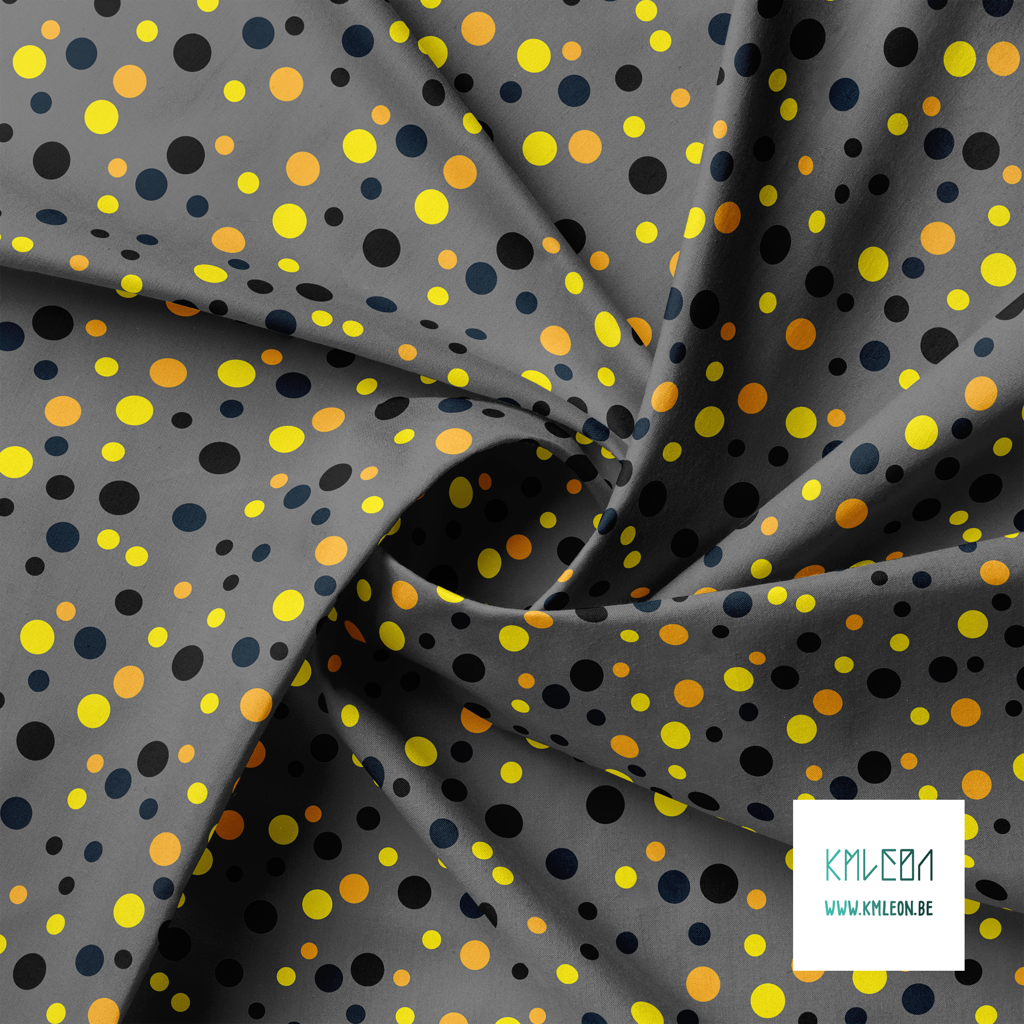 Random orange, yellow, black and dark teal polka dots fabric