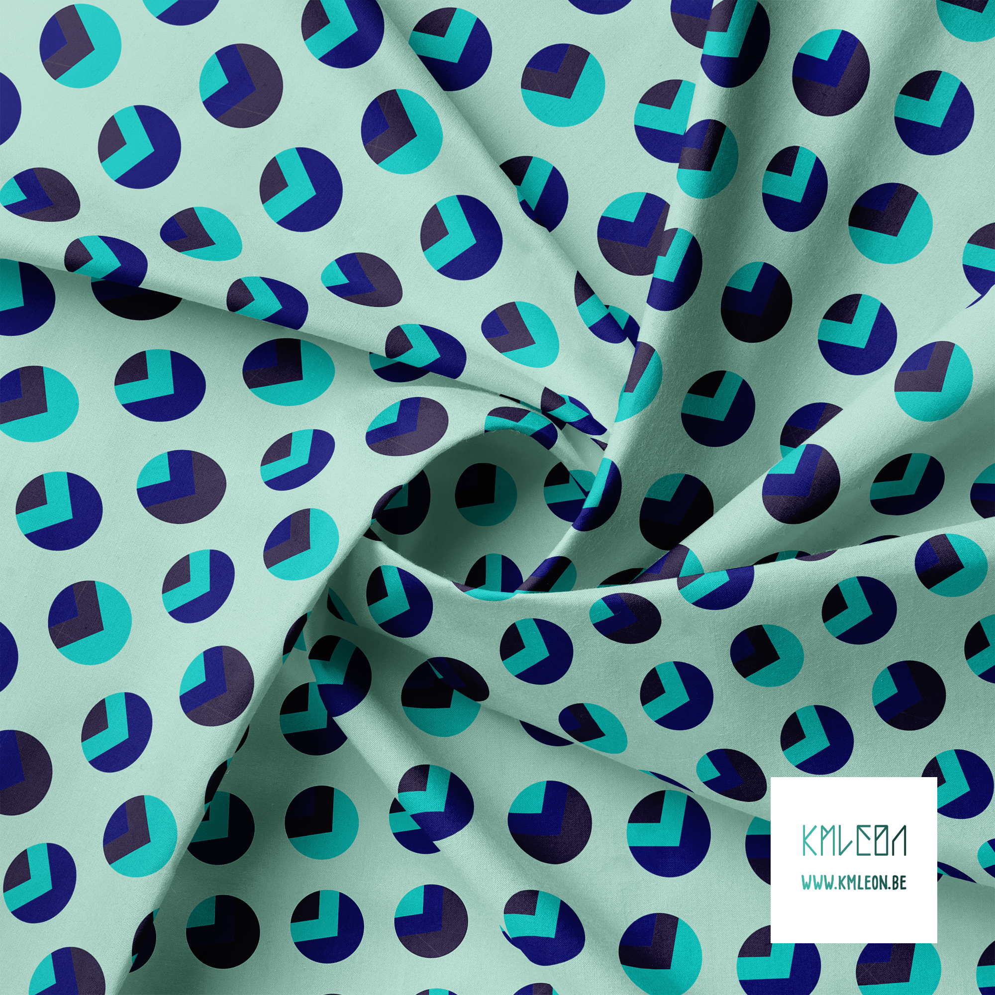 Blue, navy and teal circles and triangles fabric