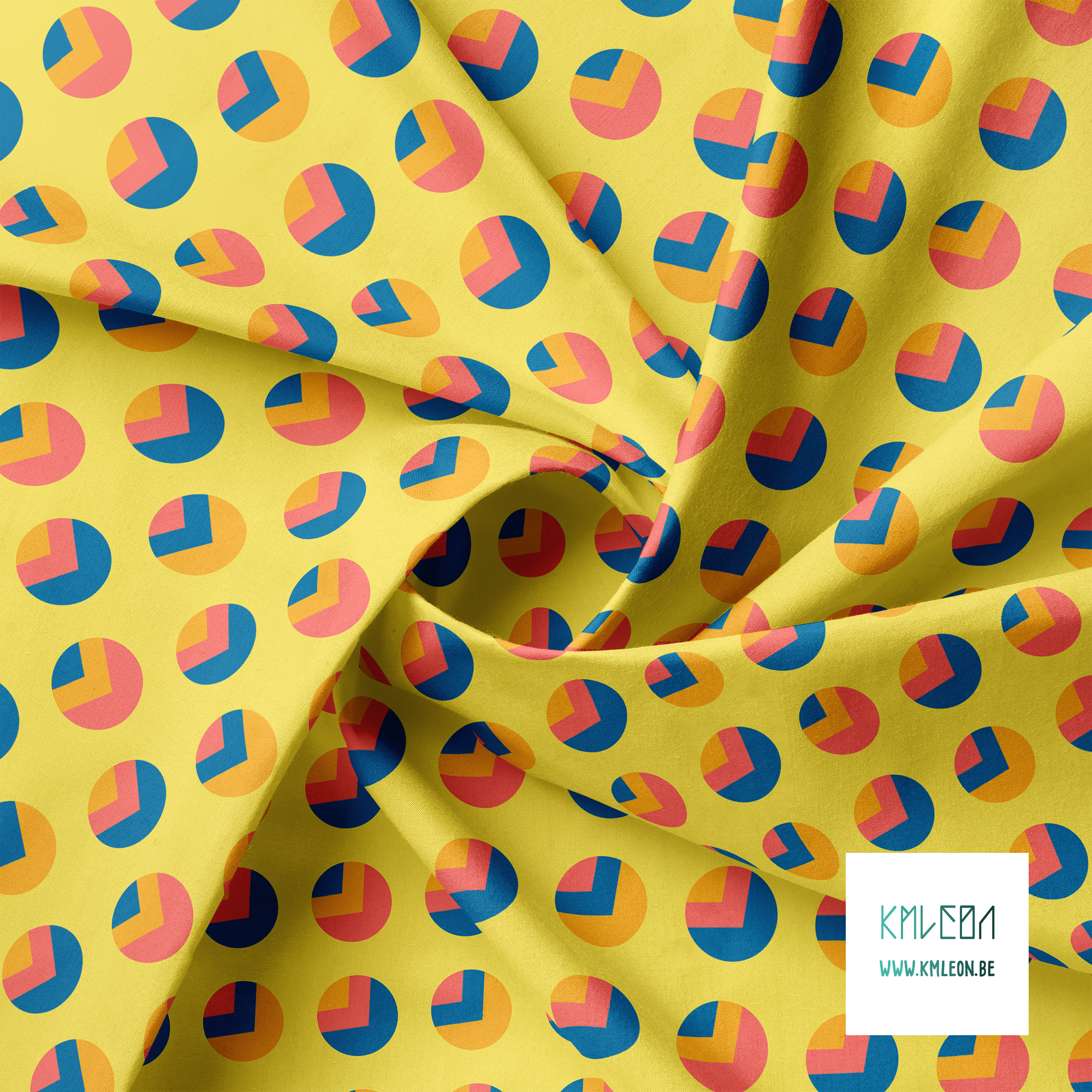 Orange, coral and blue circles and triangles fabric