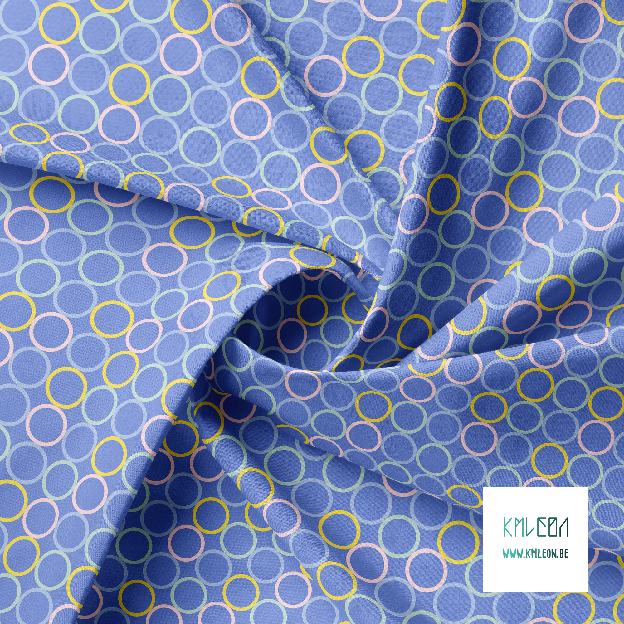 Random mint green, yellow, pink and periwinkle circles fabric