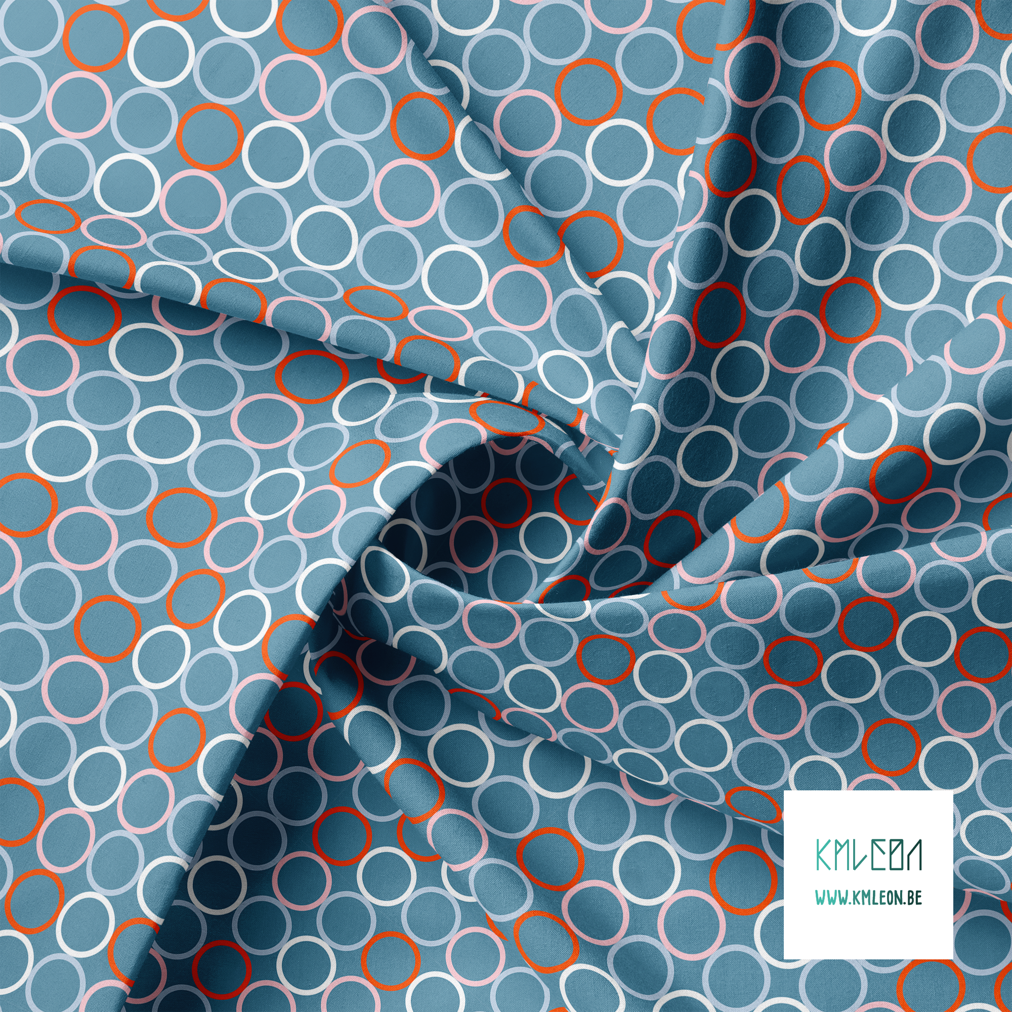 Random blue, pink, orange and white circles fabric