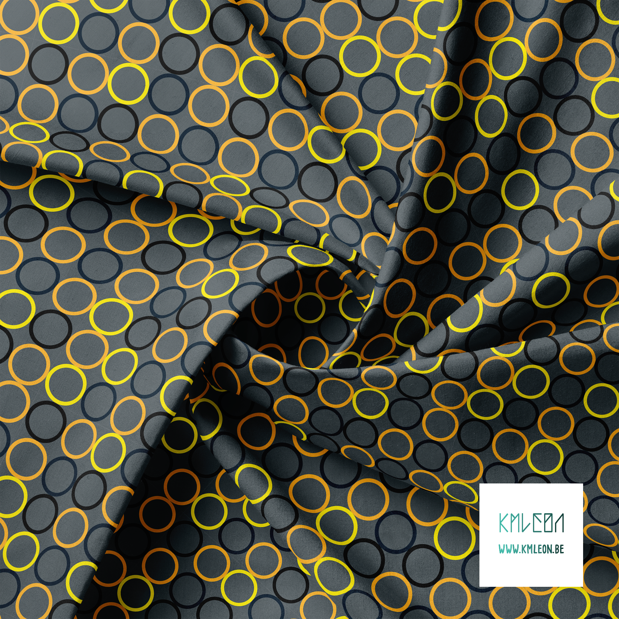 Random orange, yellow, dark teal and black circles fabric