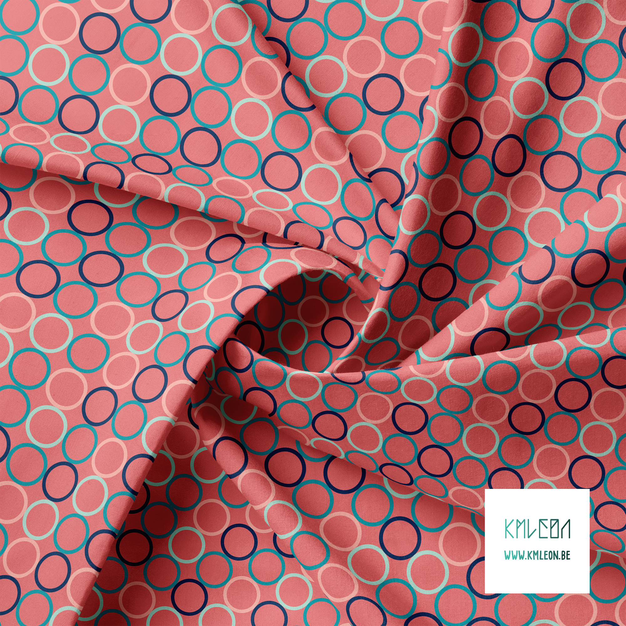 Random pink, navy, teal and mint green circles fabric