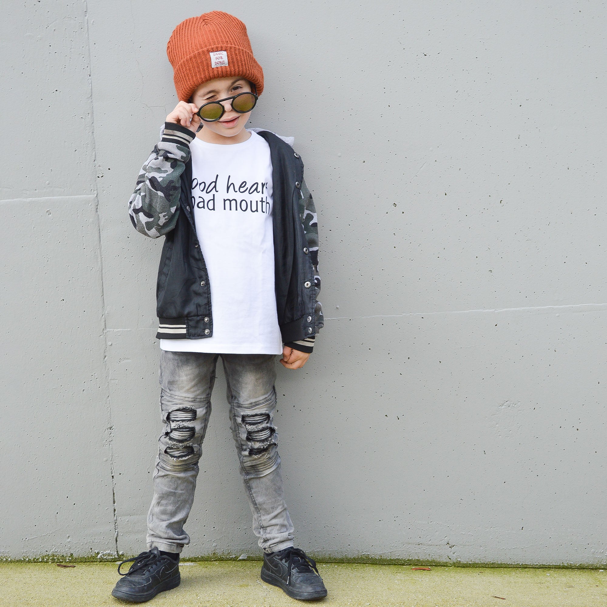 'Good heart, bad mouth' kids shortsleeve shirt