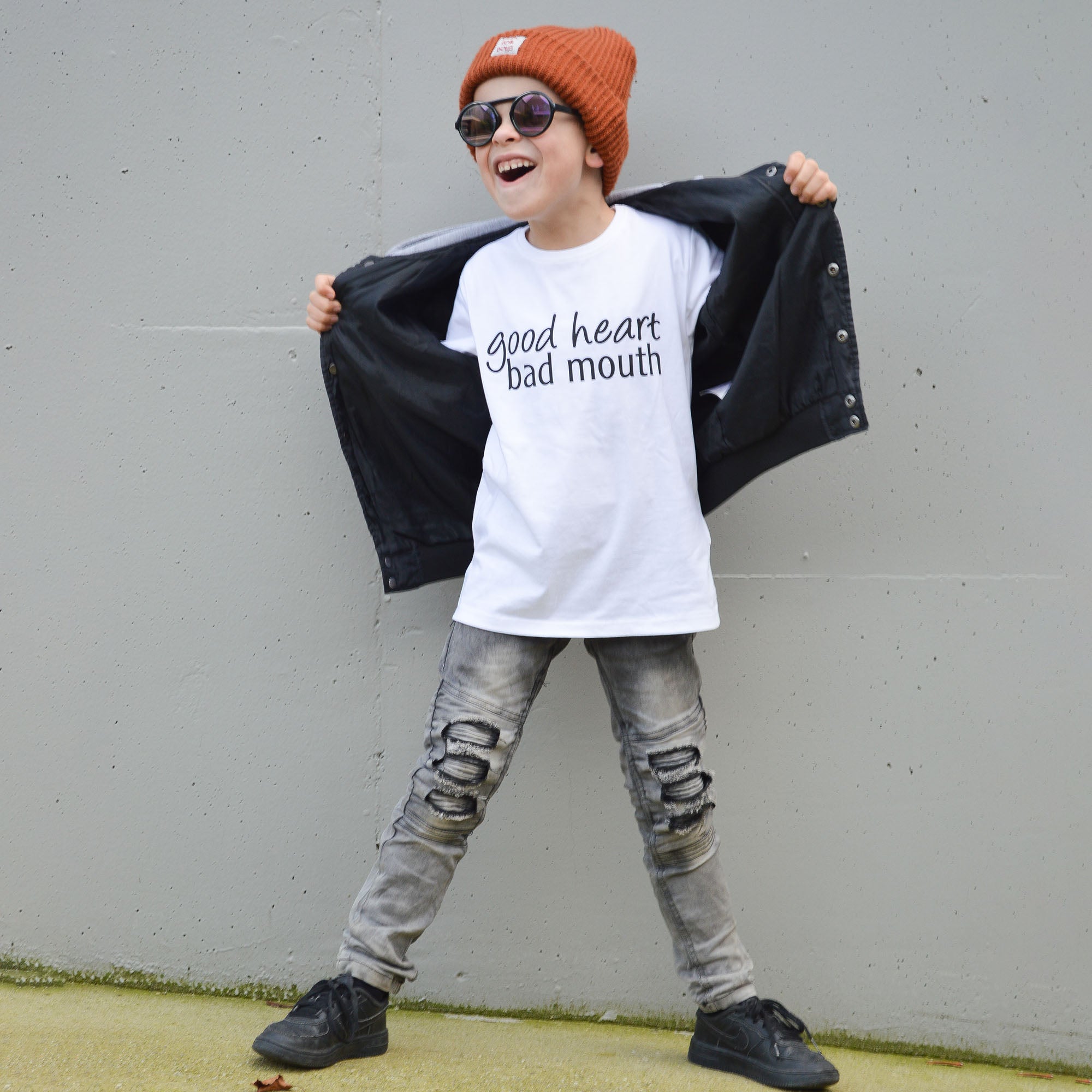 'Good heart, bad mouth' kids shortsleeve shirt