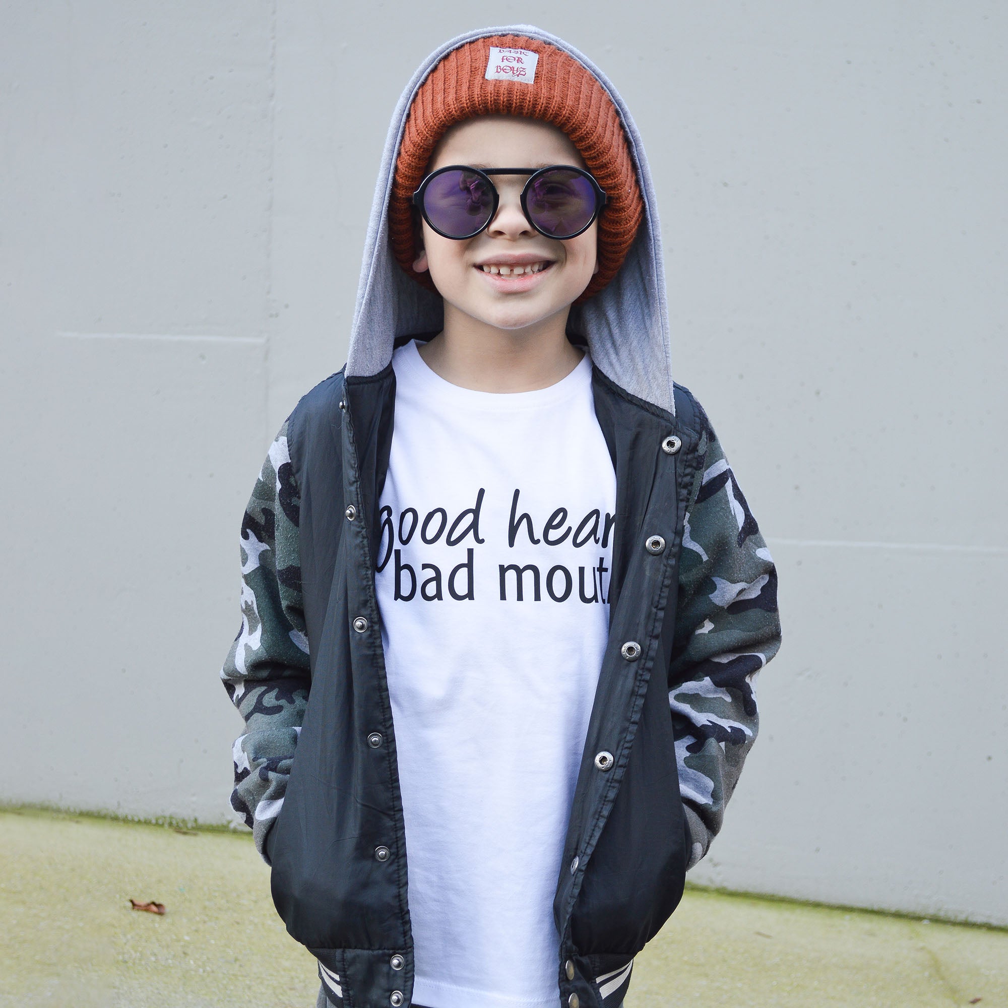 'Good heart, bad mouth' kids shortsleeve shirt