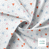 Blue, orange and pink triangles and blue dots fabric