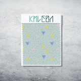 Pink, yellow and periwinkle triangles and periwinkle dots fabric