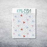 Blue, orange and pink triangles and blue dots fabric