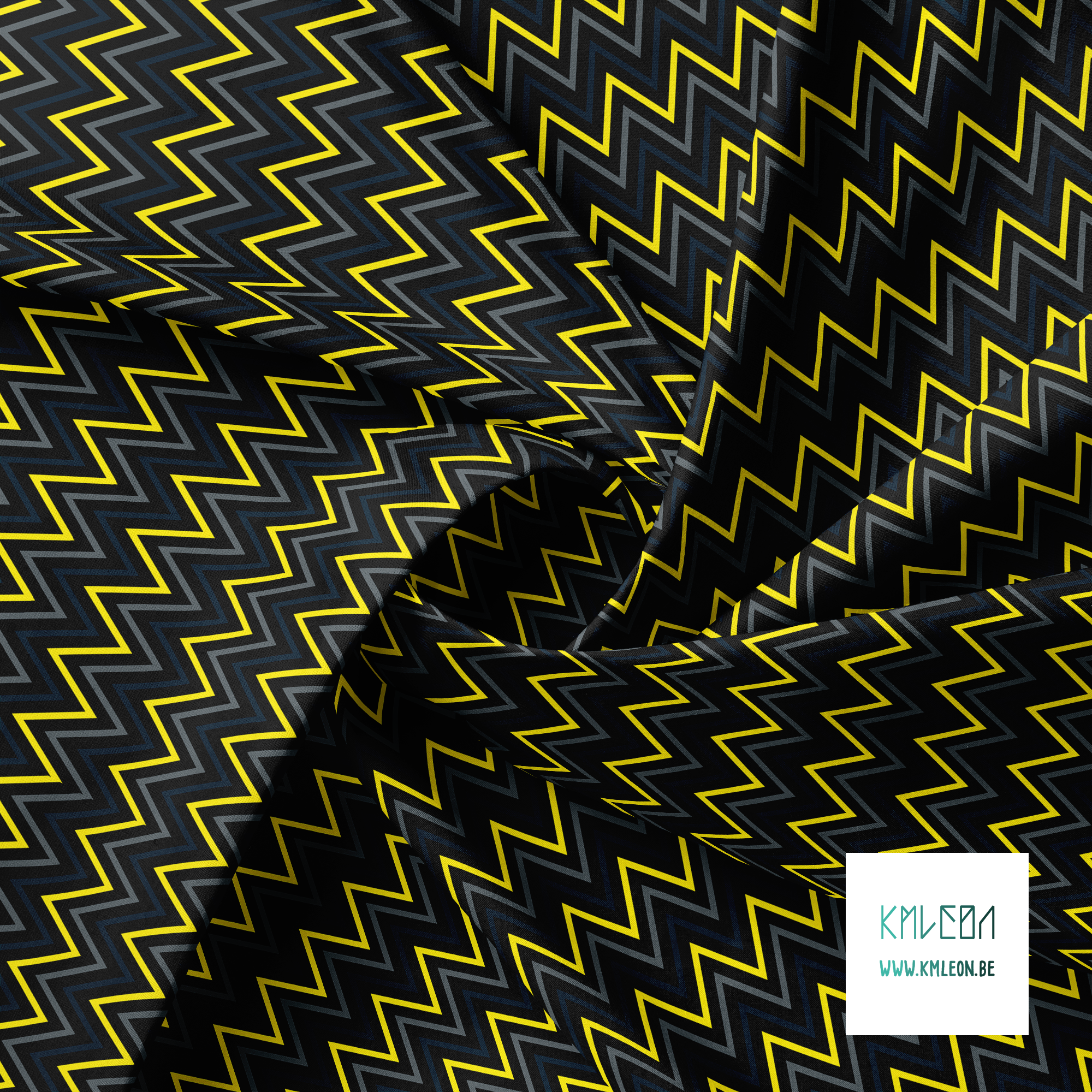 Yellow, grey and dark teal chevron fabric