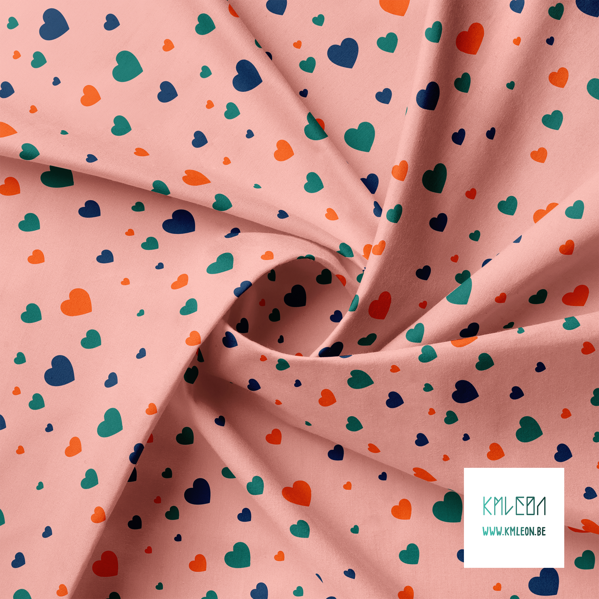 Orange, green and navy hearts fabric