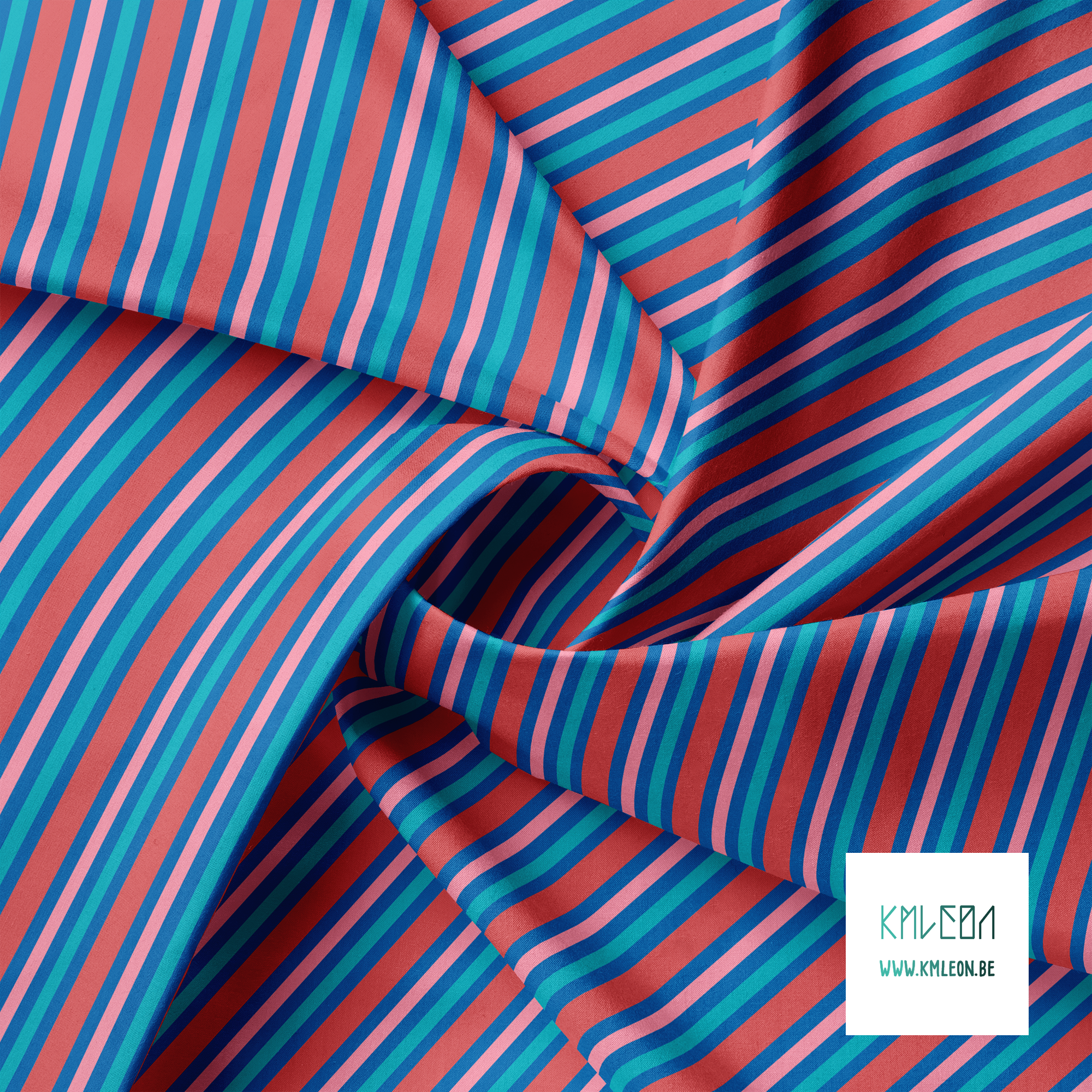 Horizontal stripes in teal, pink and red fabric