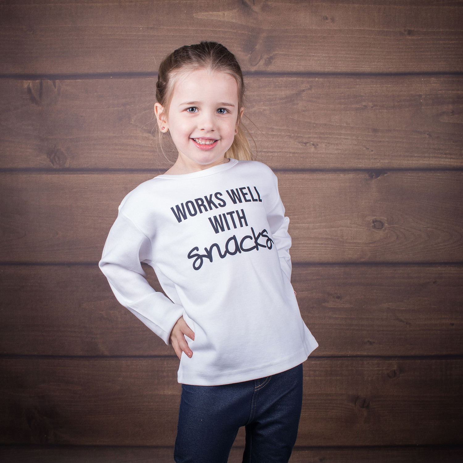 'Works well with snacks' kids longsleeve shirt