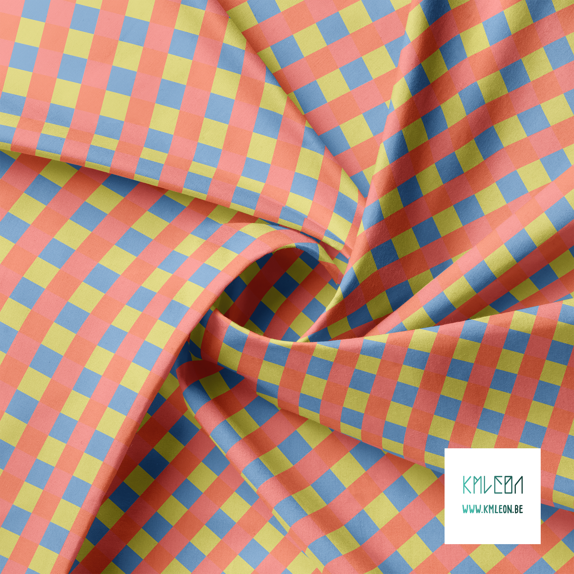 Yellow, blue and coral gingham fabric