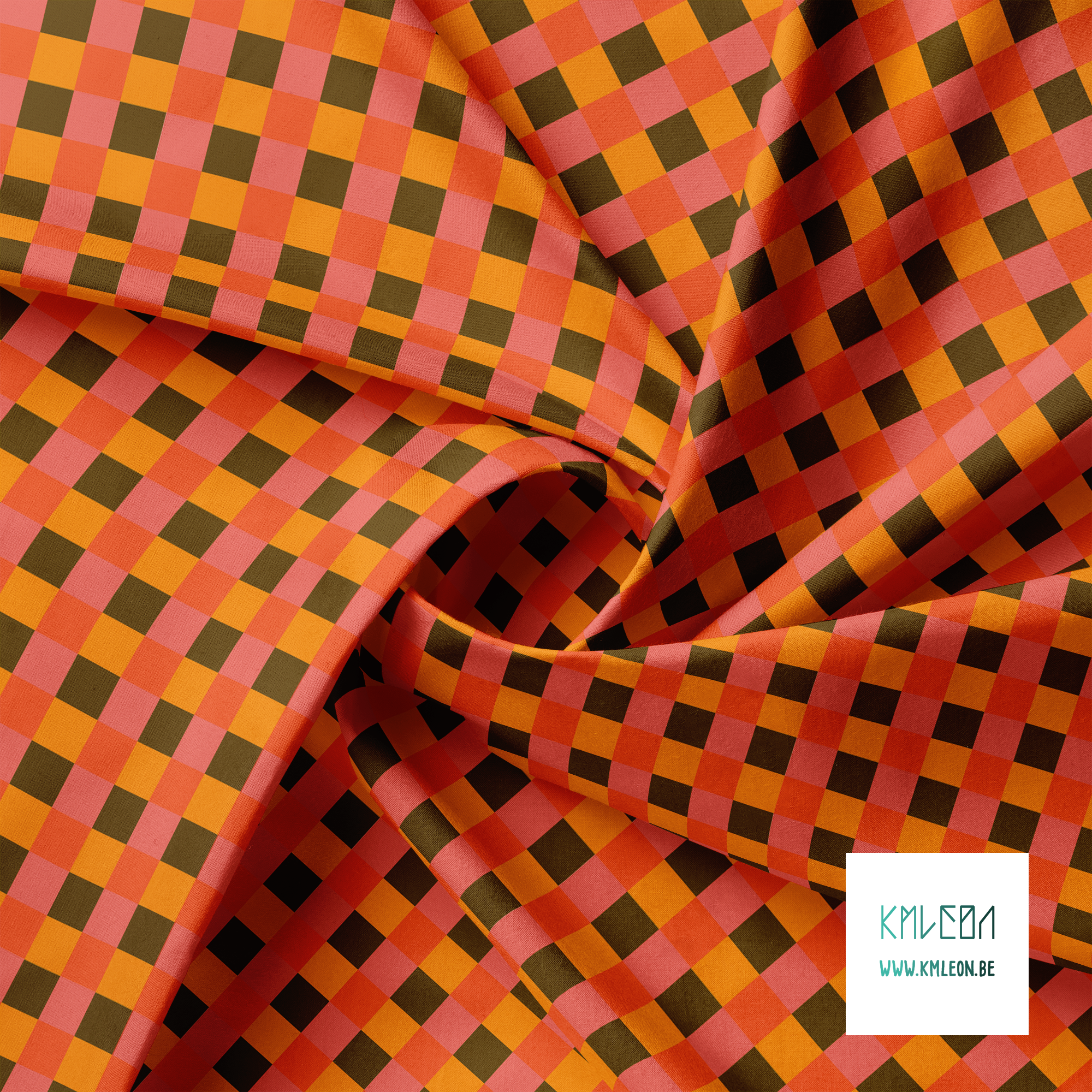 Orange, pink and brown gingham fabric