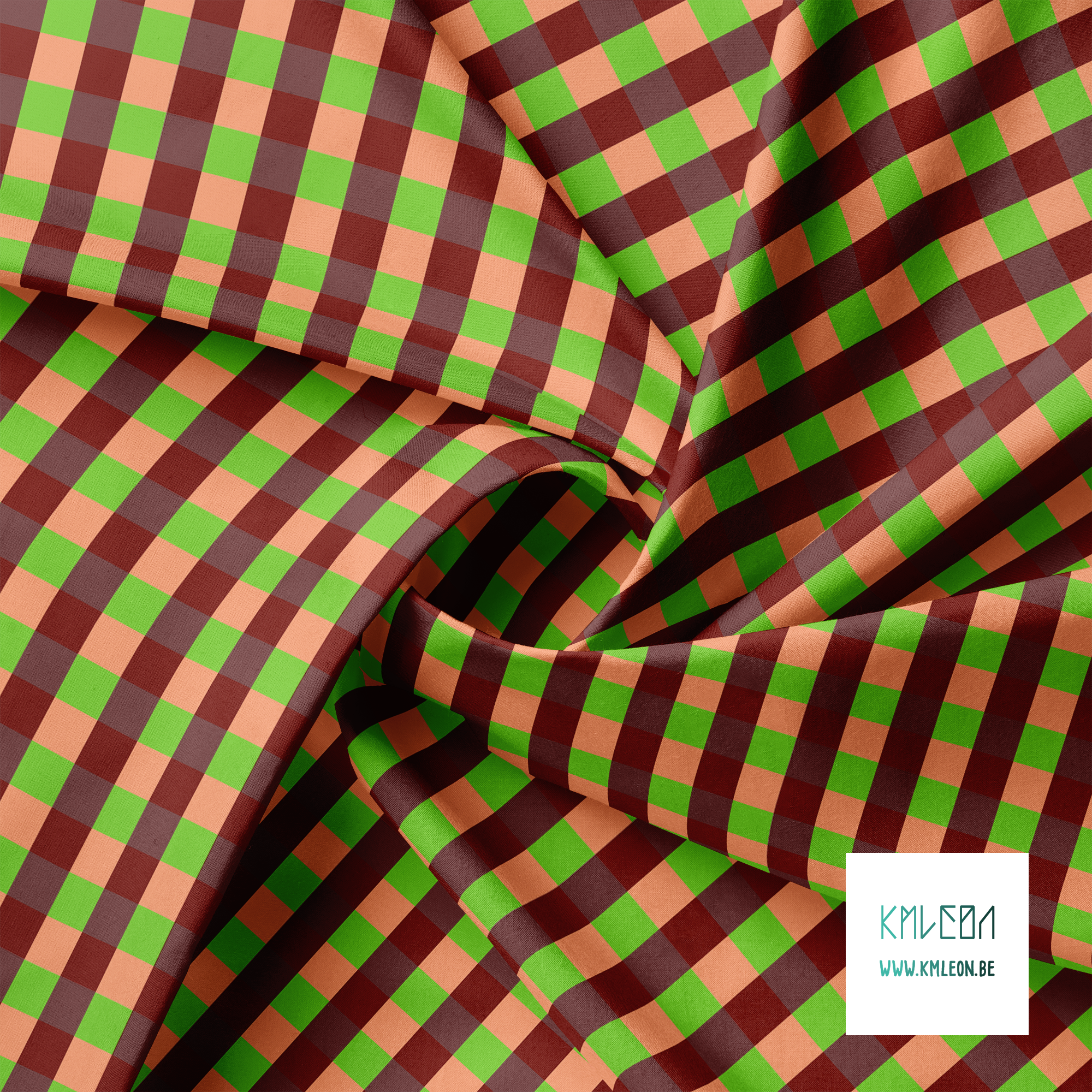 Green, pink and brown gingham fabric