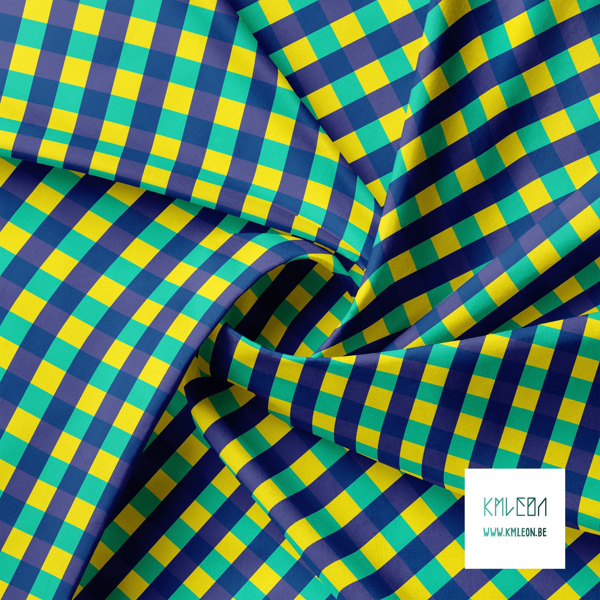 Teal, blue and yellow gingham fabric