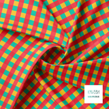 Yellow, teal and red gingham fabric