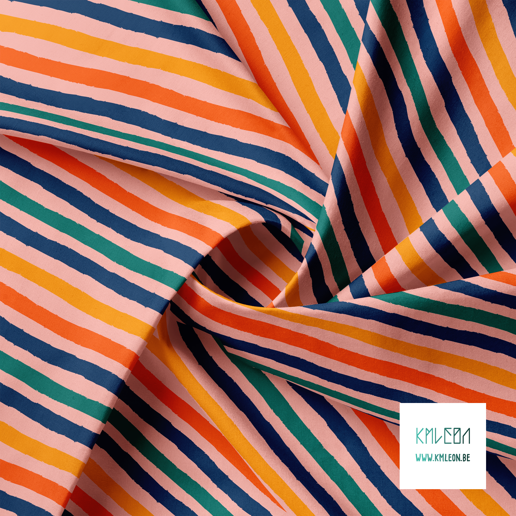 Yellow, orange, navy and green stripes fabric