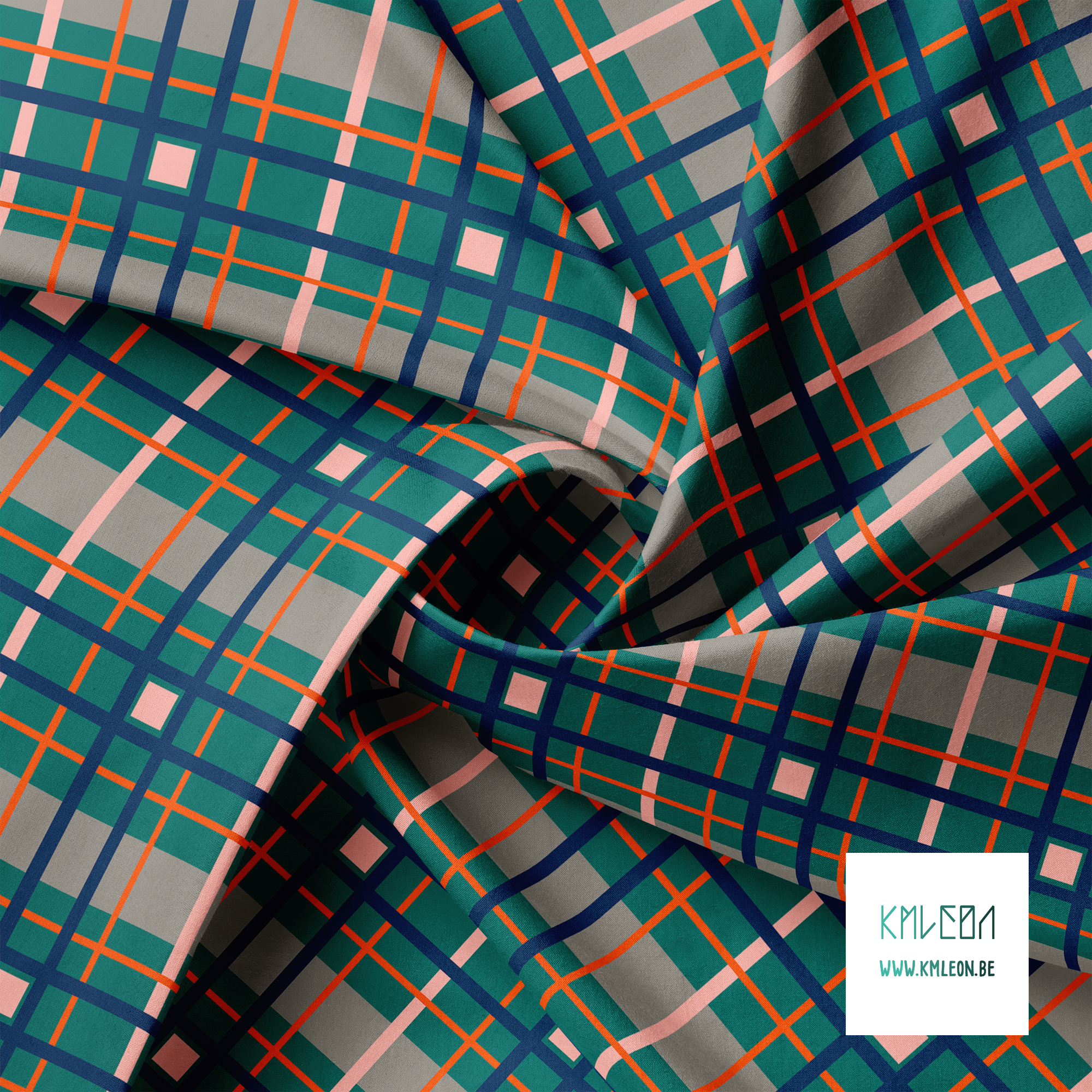 Orange, pink and navy plaid fabric