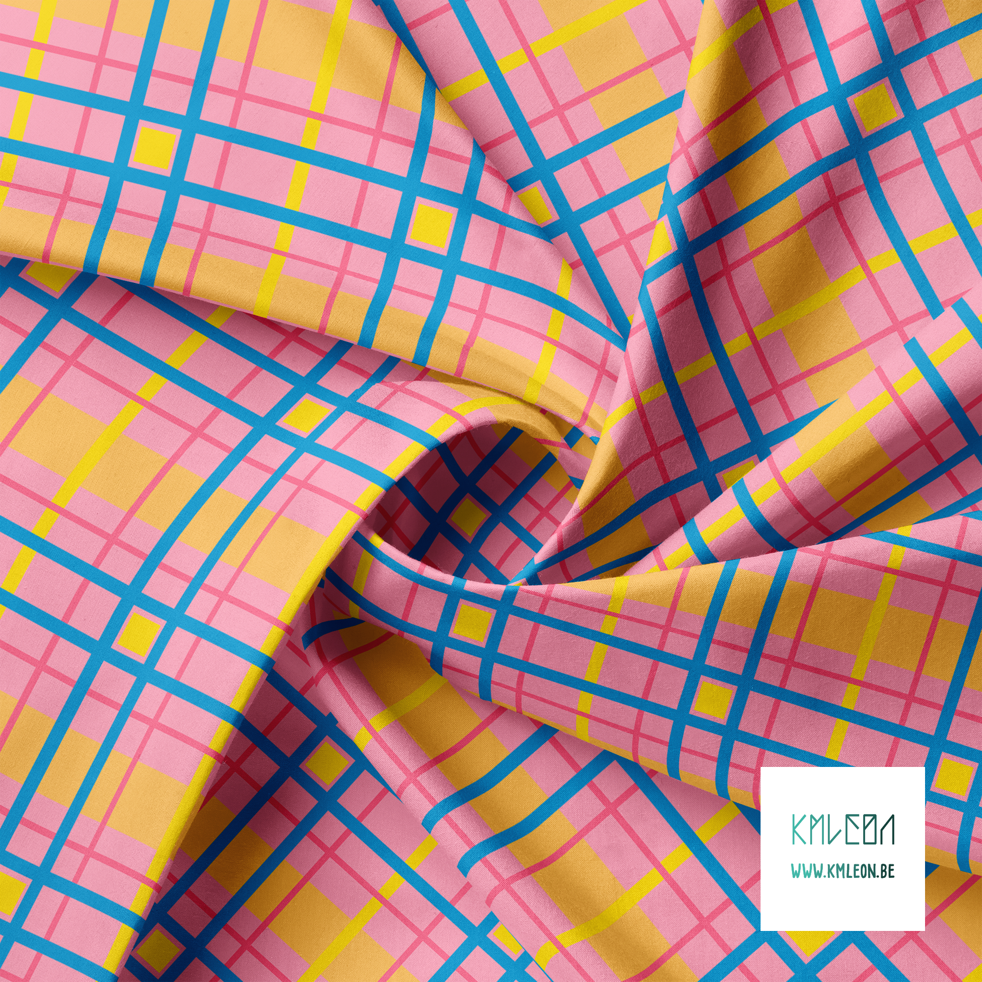 Blue, yellow and pink plaid fabric