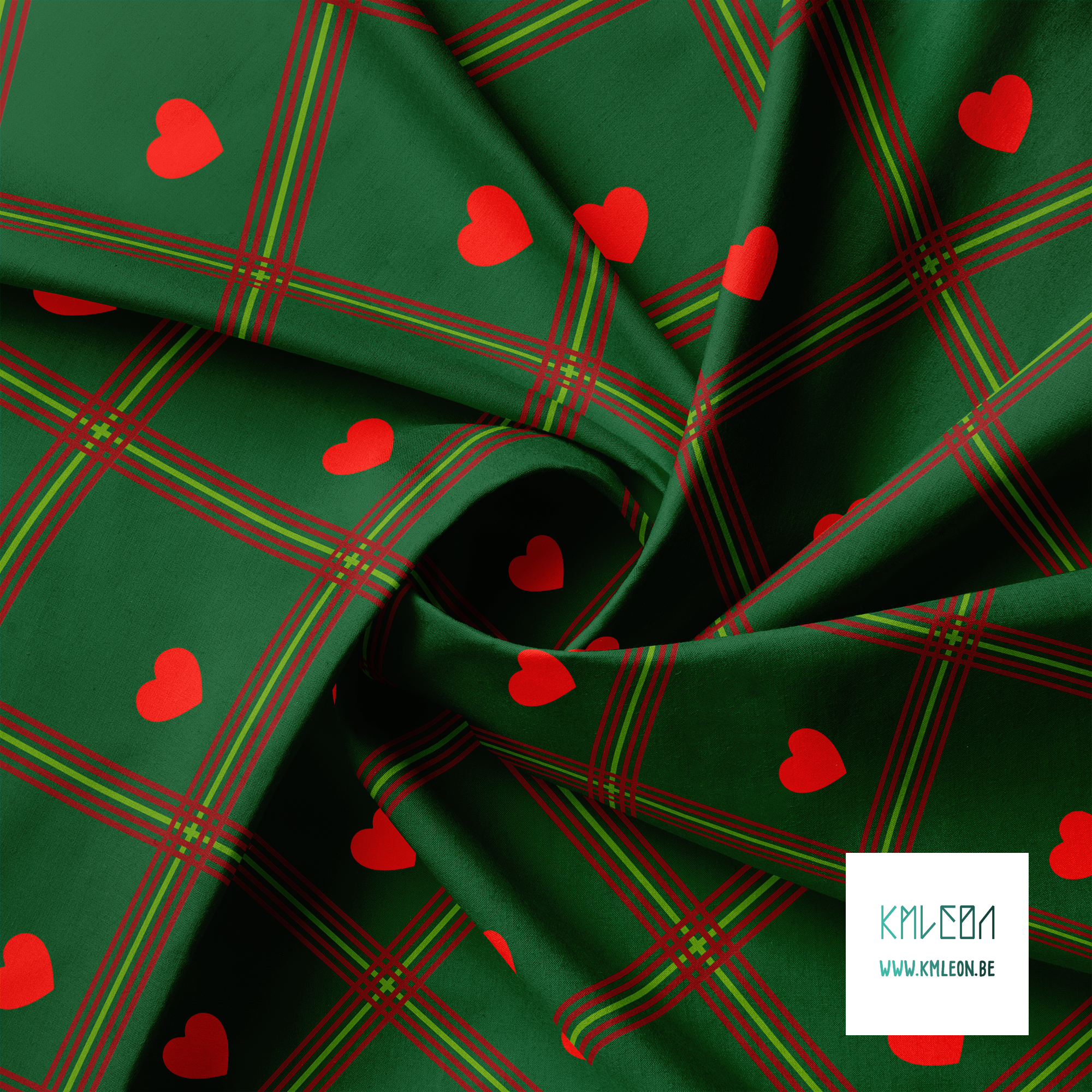 Red and green plaid with red hearts fabric