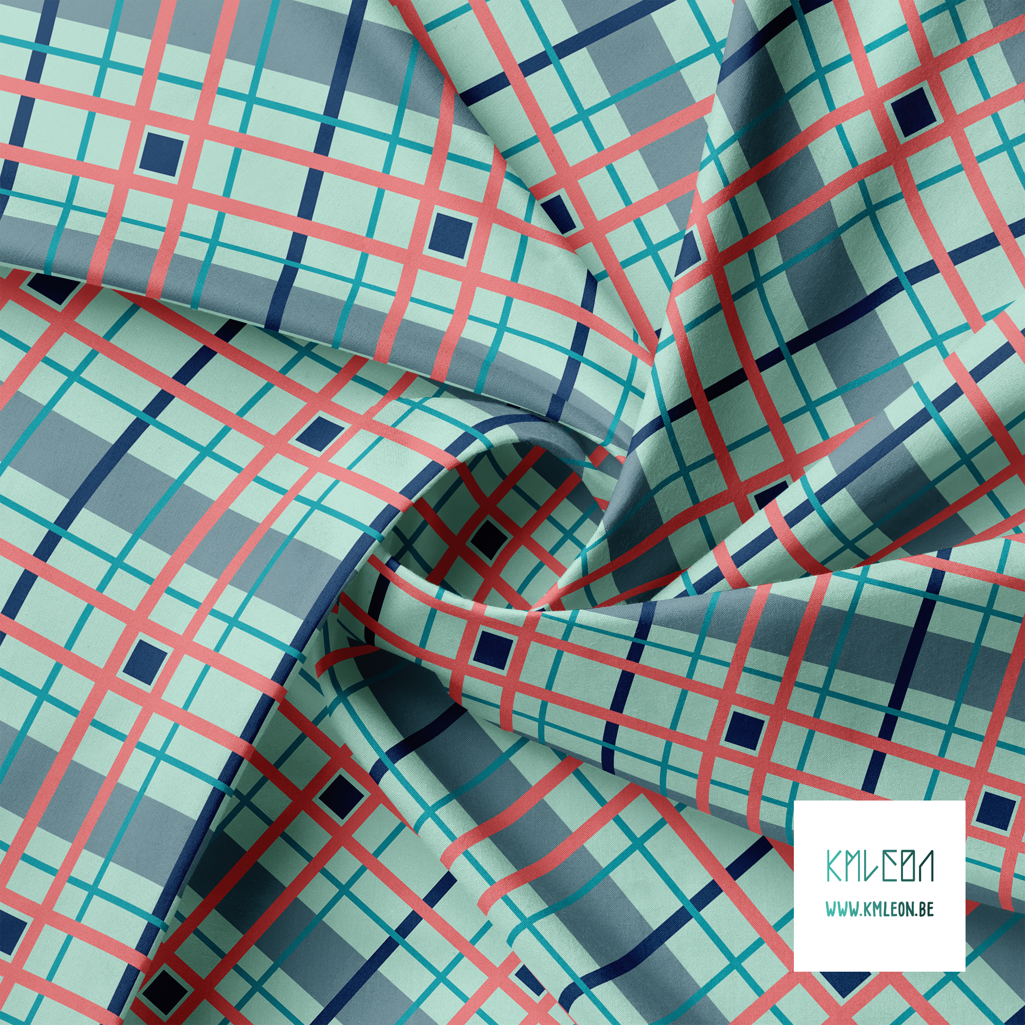 Pink, navy and teal plaid fabric