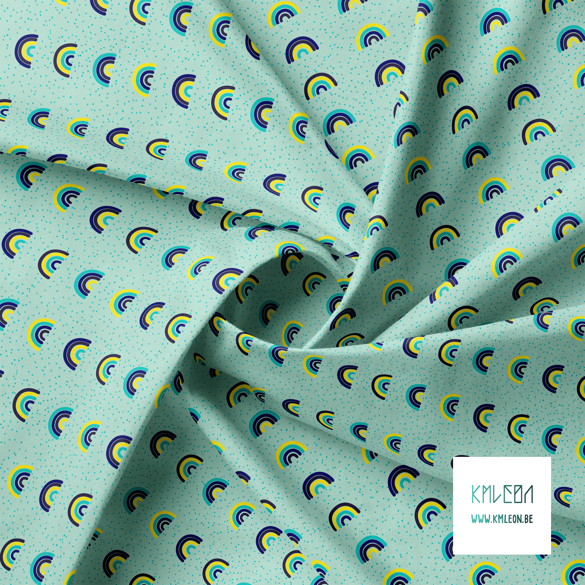 Blue, yellow, navy and teal rainbows and dots fabric