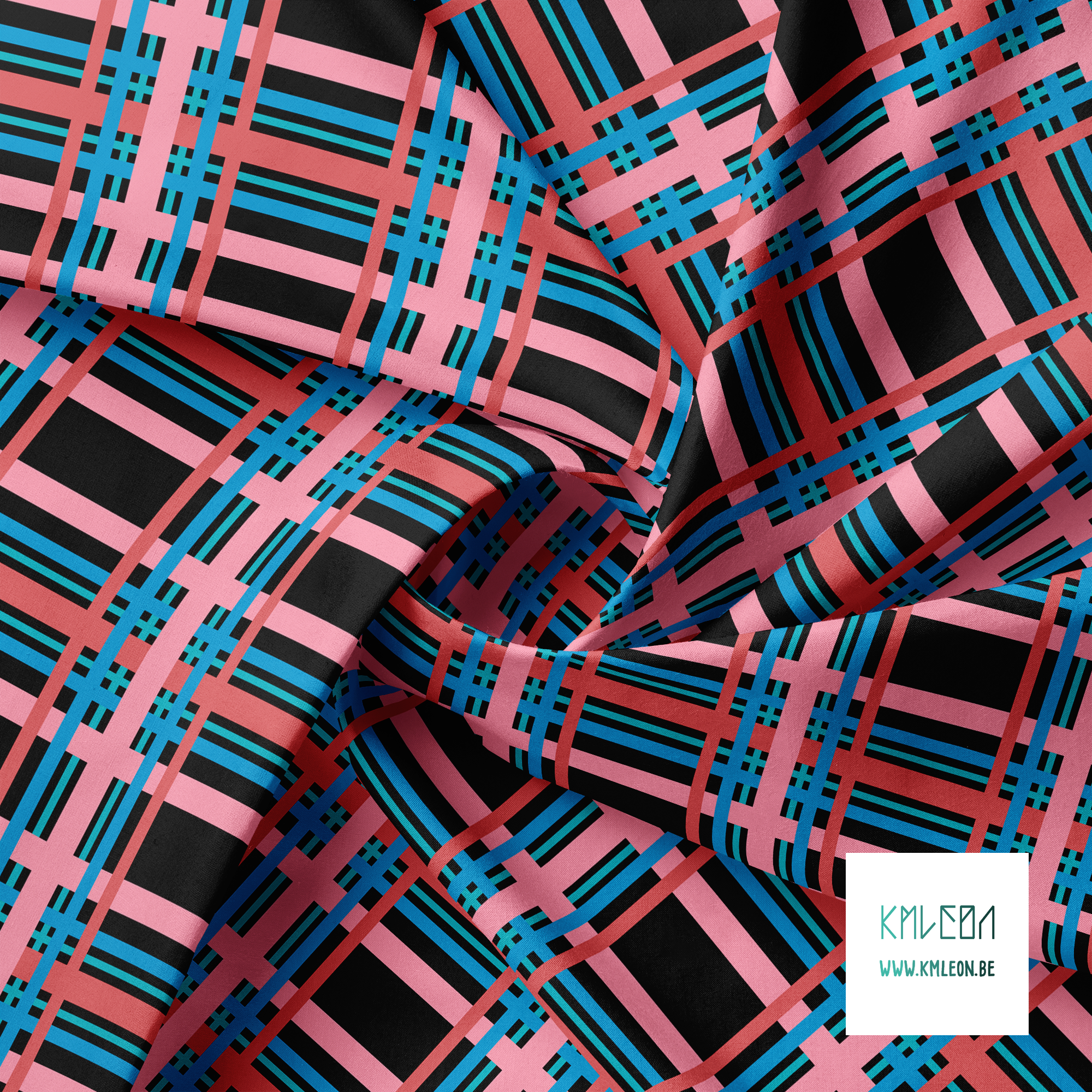 Pink, red, blue and teal tartan fabric