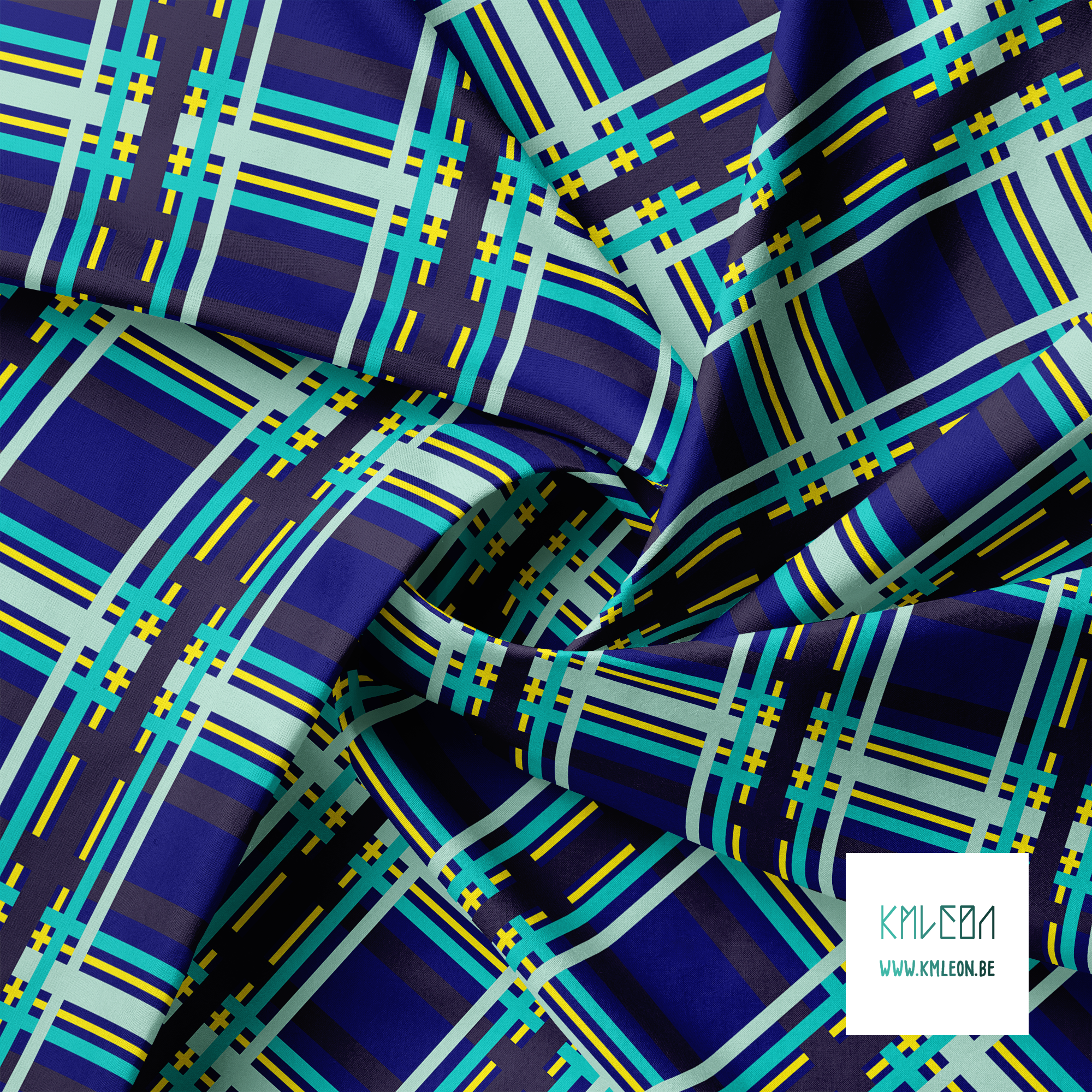 Yellow, teal, mint green and navy tartan fabric