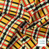 Red, teal, black and white tartan fabric