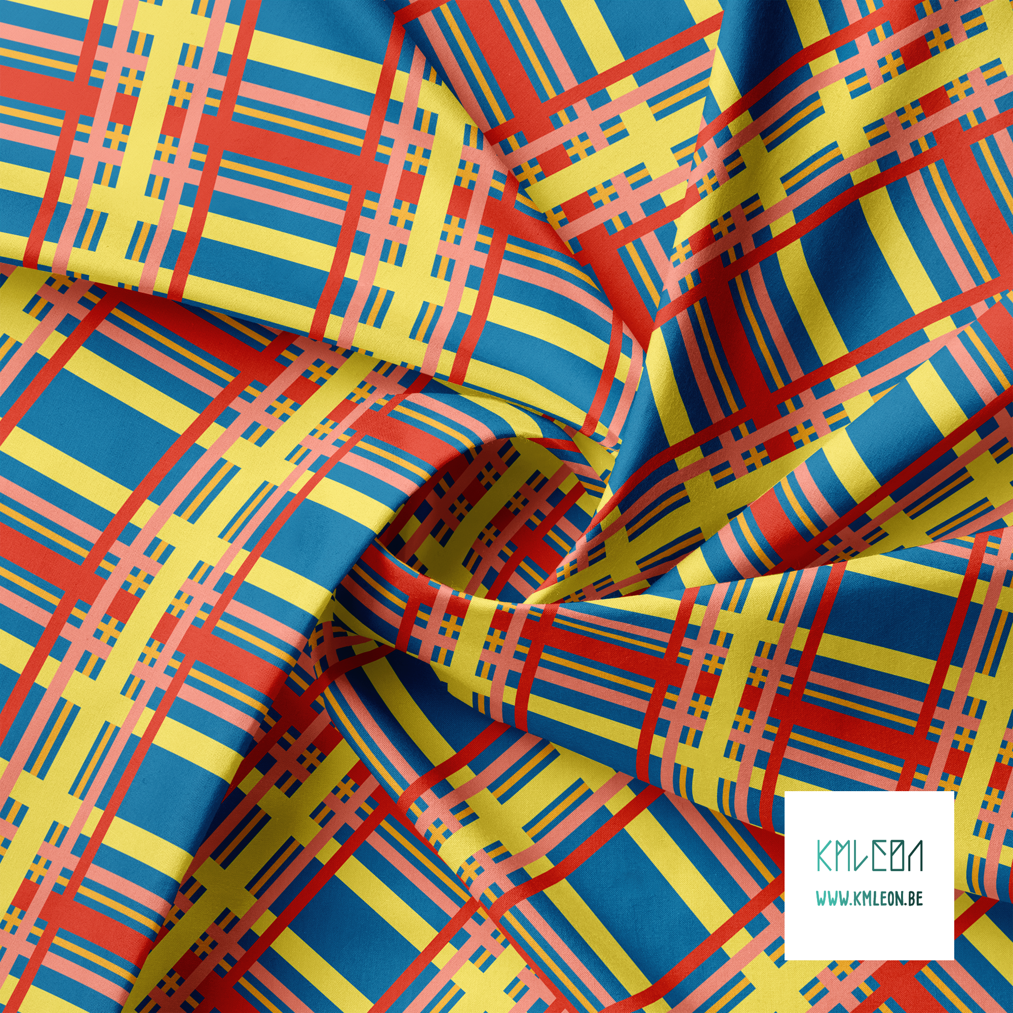 Yellow, pink, orange and red tartan fabric