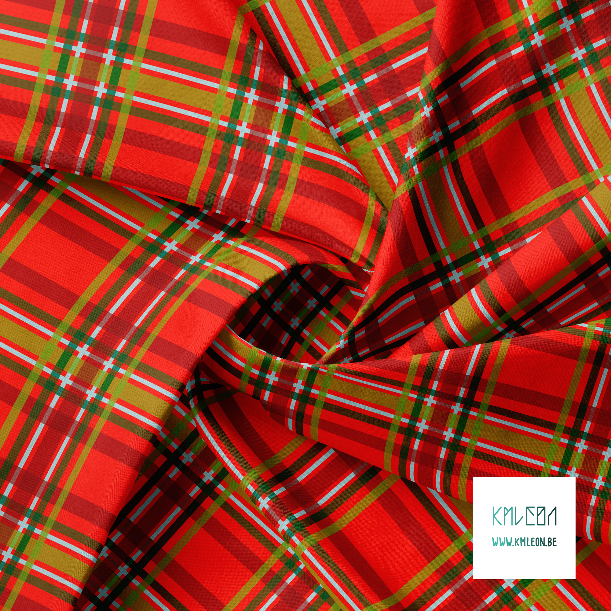 Green, red and light blue tartan fabric