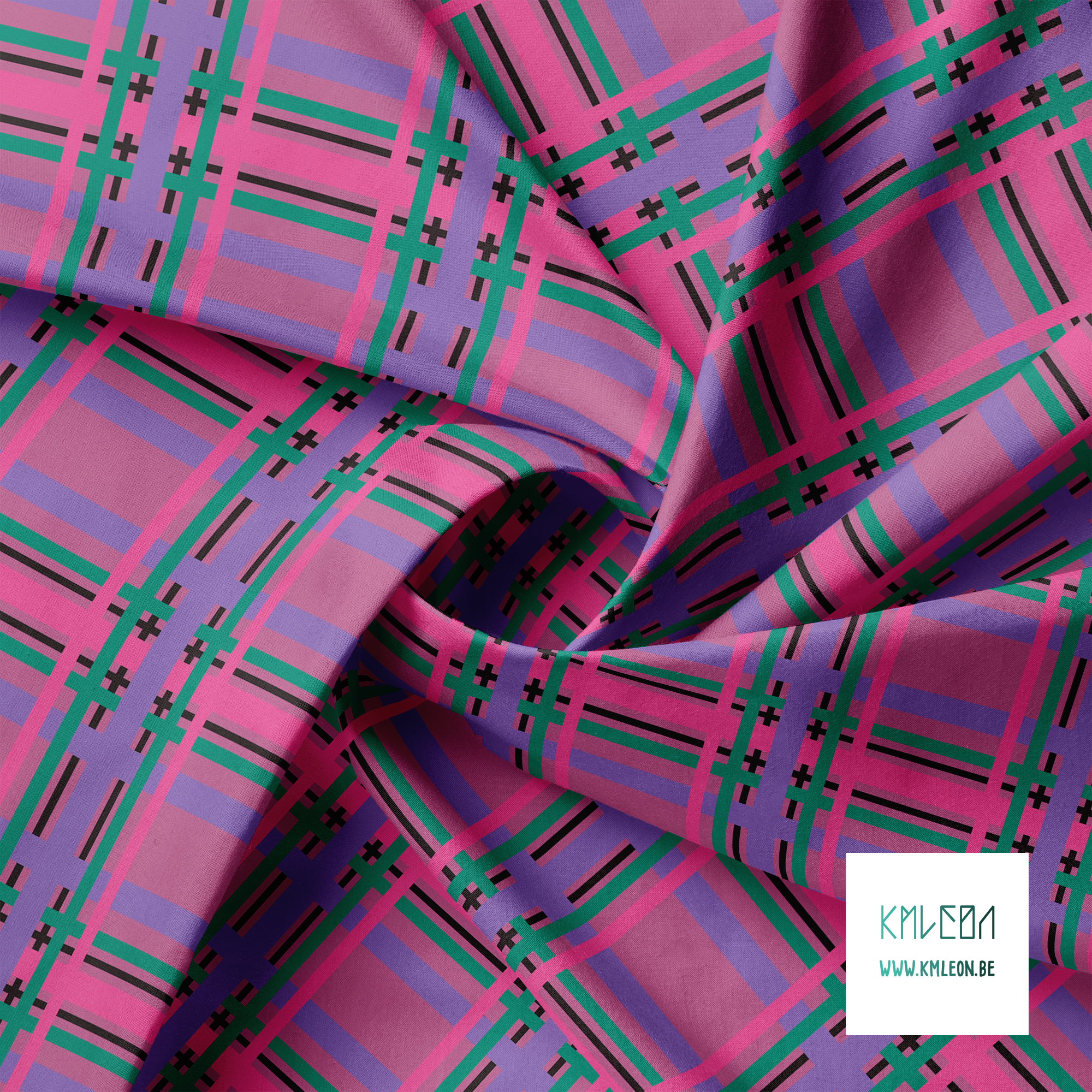 Purple, black, green and pink tartan fabric