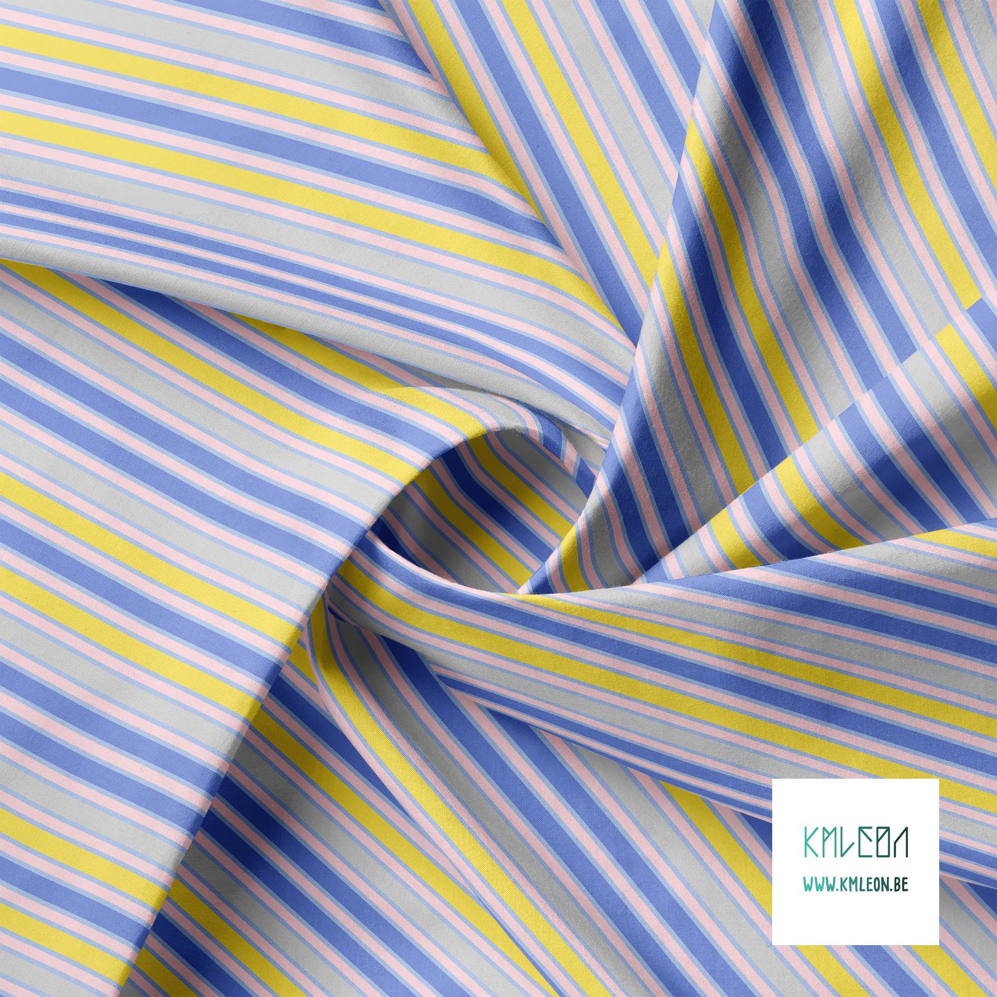 Pink, yellow, grey and periwinkle vertical stripes fabric