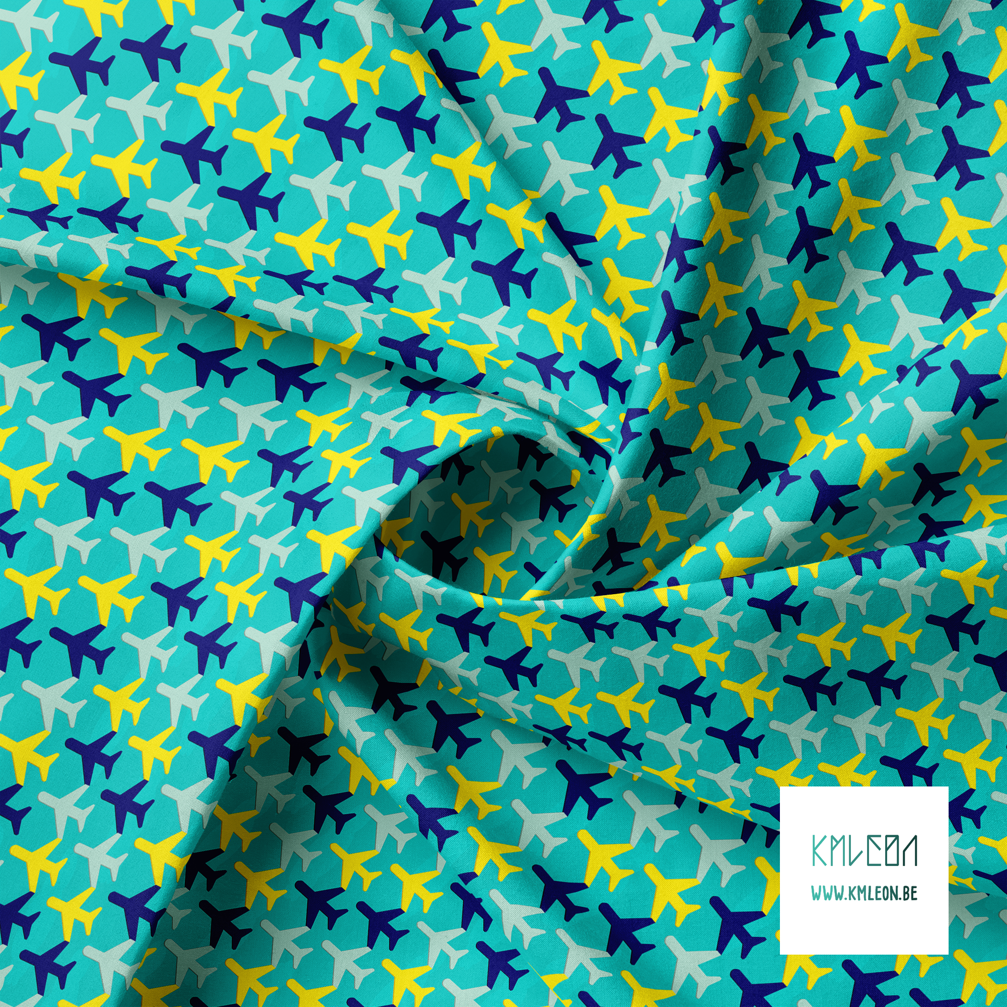 Yellow, mint green and blue airplanes and clouds fabric