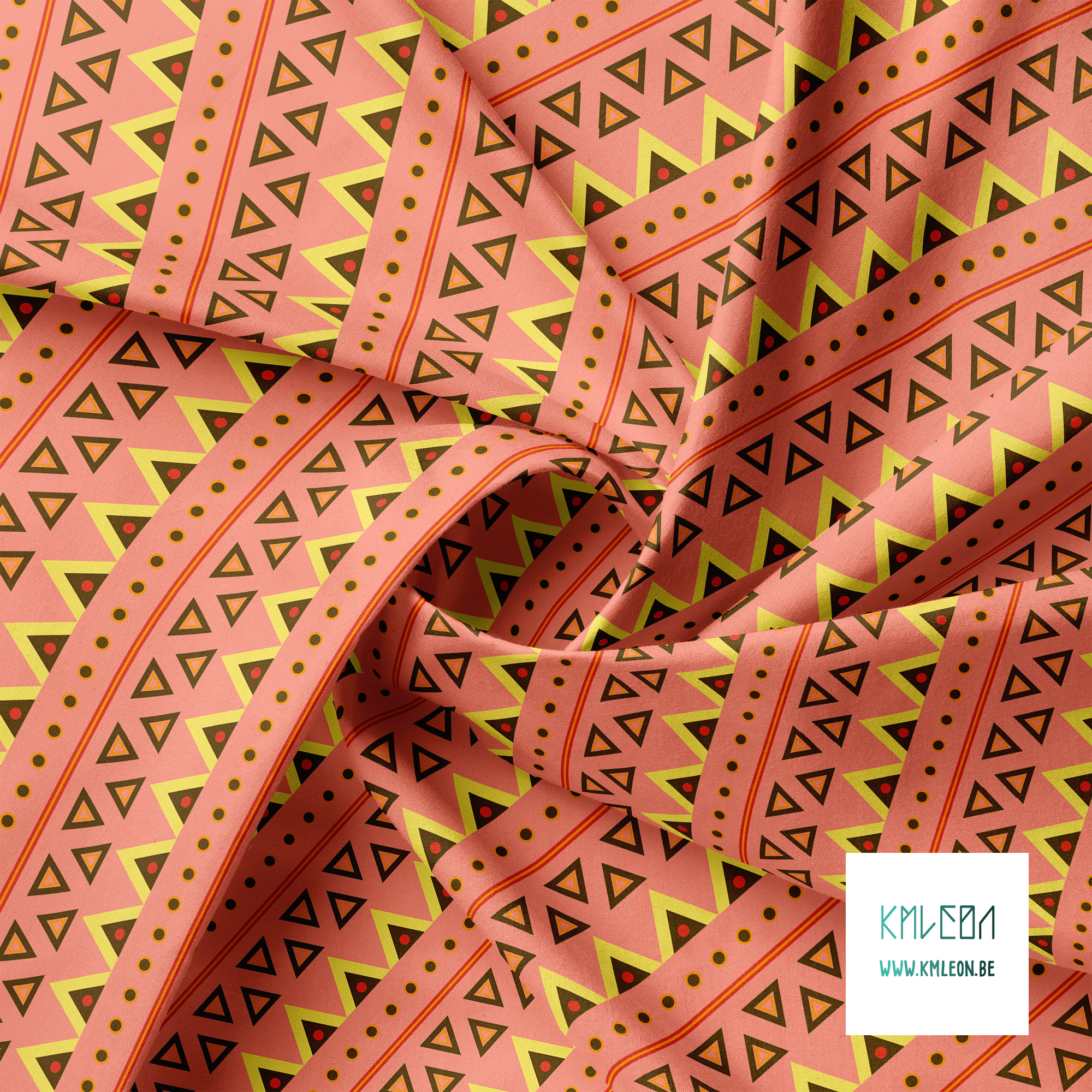 Yellow, orange, brown and red circles and triangles fabric