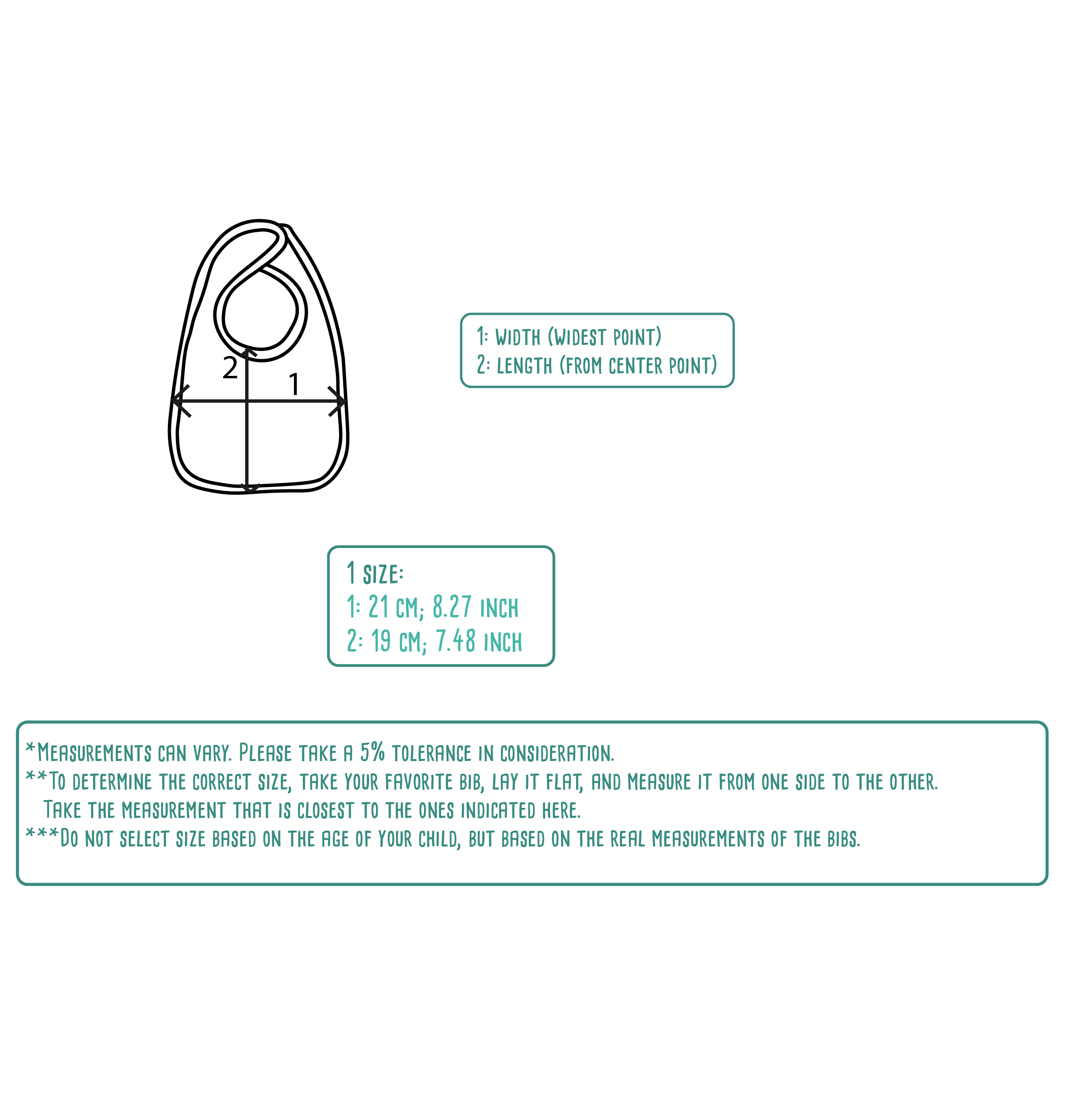 Size table for baby or toddler bibs by KMLeon.