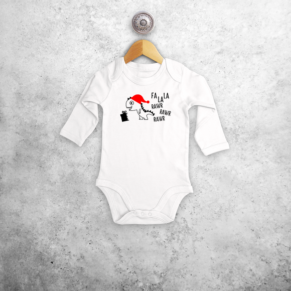 Baby or toddler bodysuit with long sleeves, with Dino ‘Fla La La Rawr Rawr Rawr’ print by KMLeon.