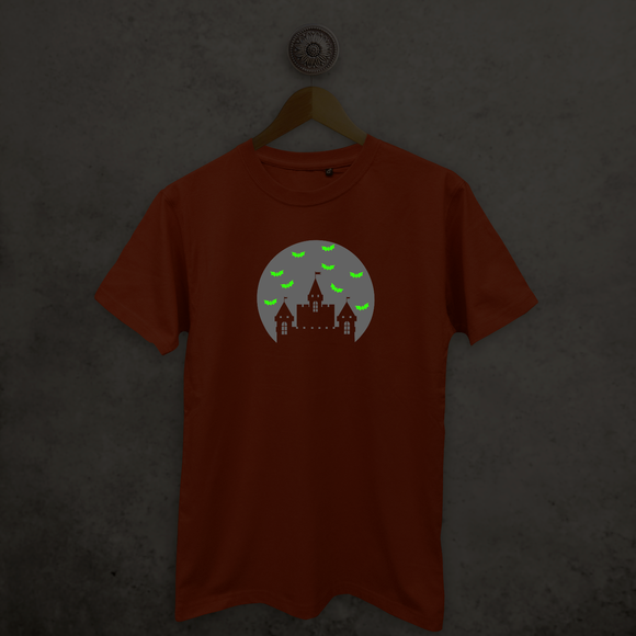 Castle and bats glow in the dark adult shirt