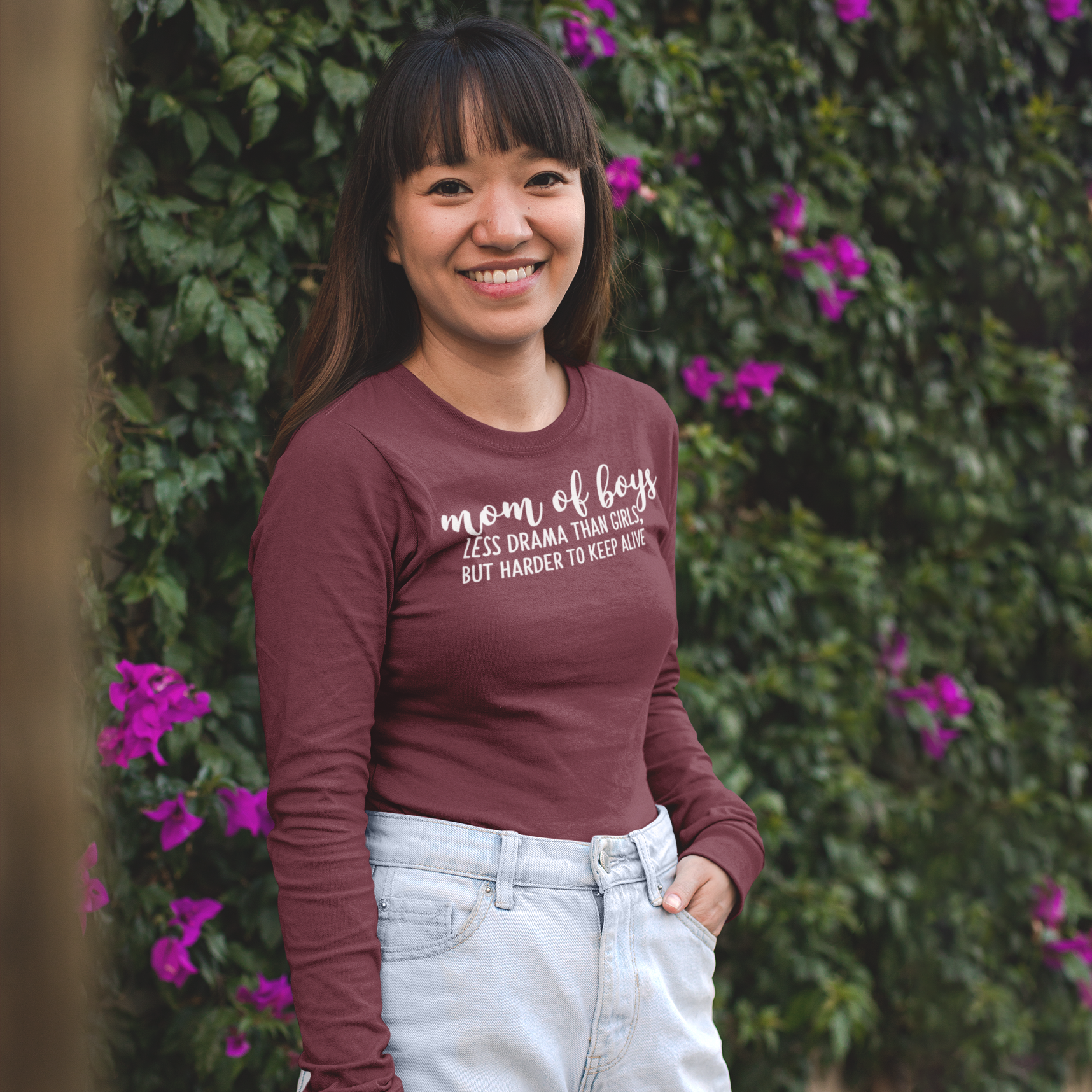 'Mom of boys - Less drama than girls, but harder to keep alive' adult longsleeve shirt