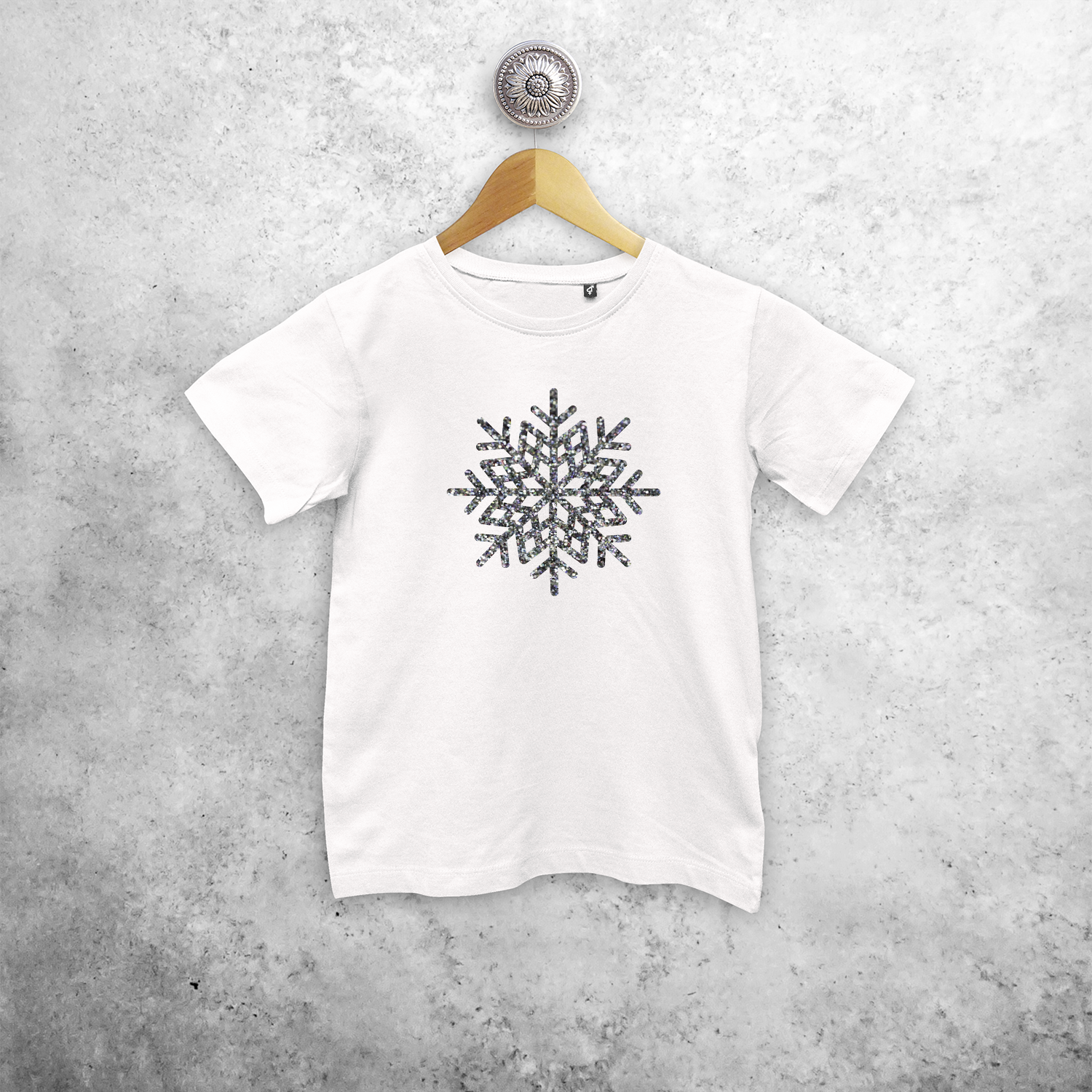 Kids shirt with short sleeves, with glitter snow star print by KMLeon.